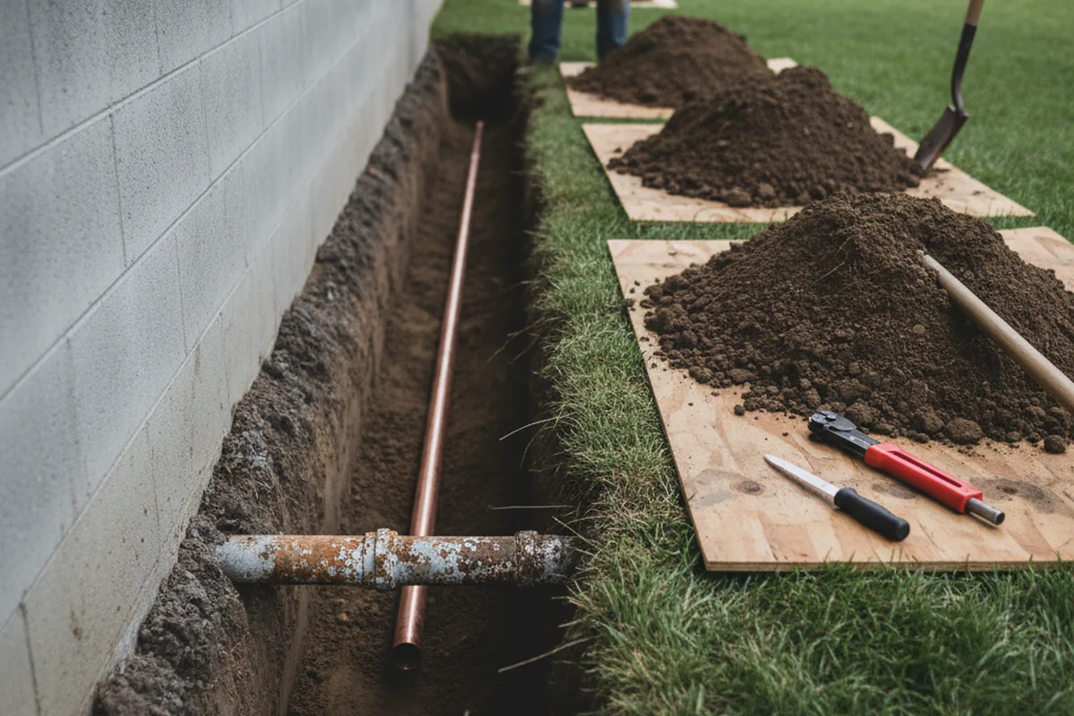 Excavated water line trench during Sewer Line Repair in Hopkinton
